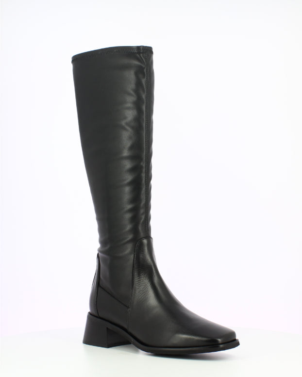 Wonders | Ayla | Leather Long Stretch Boot | Black | Square Toe