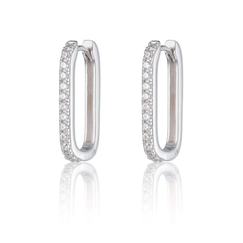SP Oval Hoop Earrings with Clear Stones - Silver