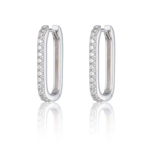 SP Oval Hoop Earrings with Clear Stones - Silver