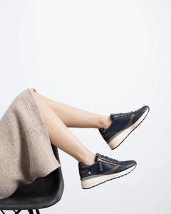 Carmela | Side Zip Wedge Trainer | Navy Metallic