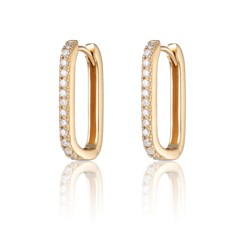 SP Oval Hoop Earrings with Clear Stones - Gold