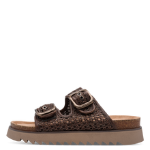 Load image into Gallery viewer, Tamaris | Raffia Chocolate Flatform Slide Sandal