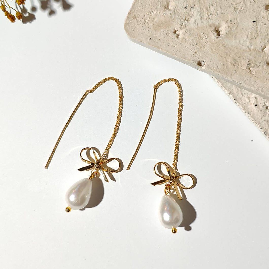 Bow Threader Pearl Drop Earrings