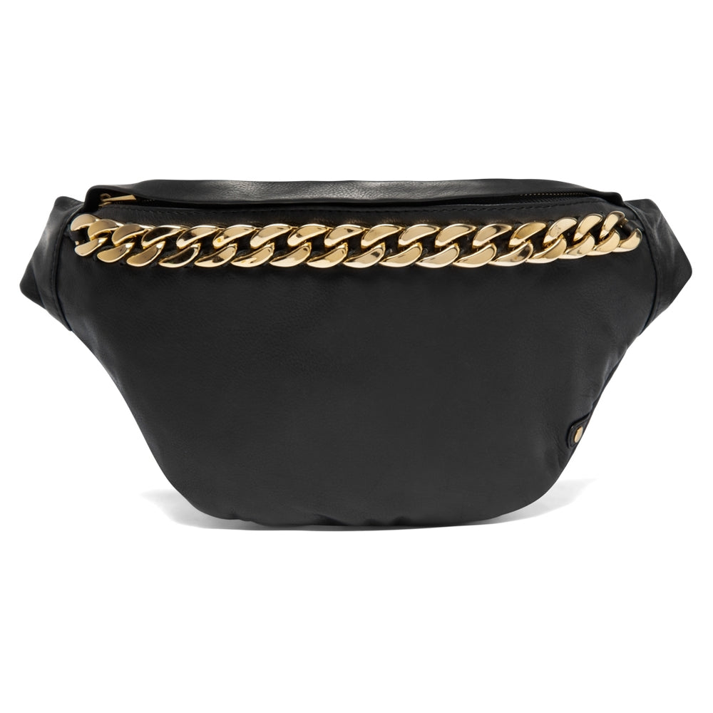 Leather bumbag with chain detail on front / 15292 - Black / Black